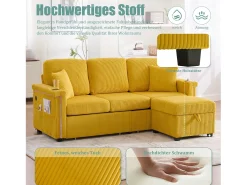 Sofá de 4 lugares - 194 x 73 x 81 cm - com LEDs + USB + apoio para os pés com armazenamento + 2 gavetas - Veludo - amarelo
