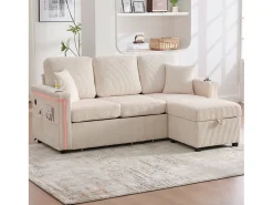 Sofá de 4 lugares - 194 x 73 x 81 cm - com LEDs + USB + apoio para os pés com armazenamento + 2 gavetas - Veludo - bege