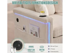 Sofá de 4 lugares - 194 x 73 x 81 cm - com LEDs + USB + apoio para os pés com armazenamento + 2 gavetas - Veludo - bege