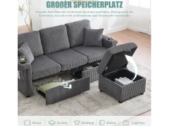 Sofá de 4 lugares - 194 x 73 x 81 cm - com LEDs + USB + apoio para os pés com armazenamento + 2 gavetas - Veludo - cinza