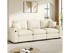 Sofá de 3 lugares - 242 x 88 x 80 cm - com mesa dobrável + porta USB + espaço de armazenamento oculto - veludo - bege
