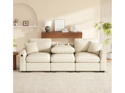 Sofá de 3 lugares - 242 x 88 x 80 cm - com mesa dobrável + porta USB + espaço de armazenamento oculto - veludo - bege