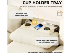 Sofá de 3 lugares - 242 x 88 x 80 cm - com mesa dobrável + porta USB + espaço de armazenamento oculto - veludo - bege