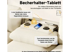 Sofá de 3 lugares - 242 x 88 x 80 cm - com mesa dobrável + porta USB + espaço de armazenamento oculto - veludo - bege