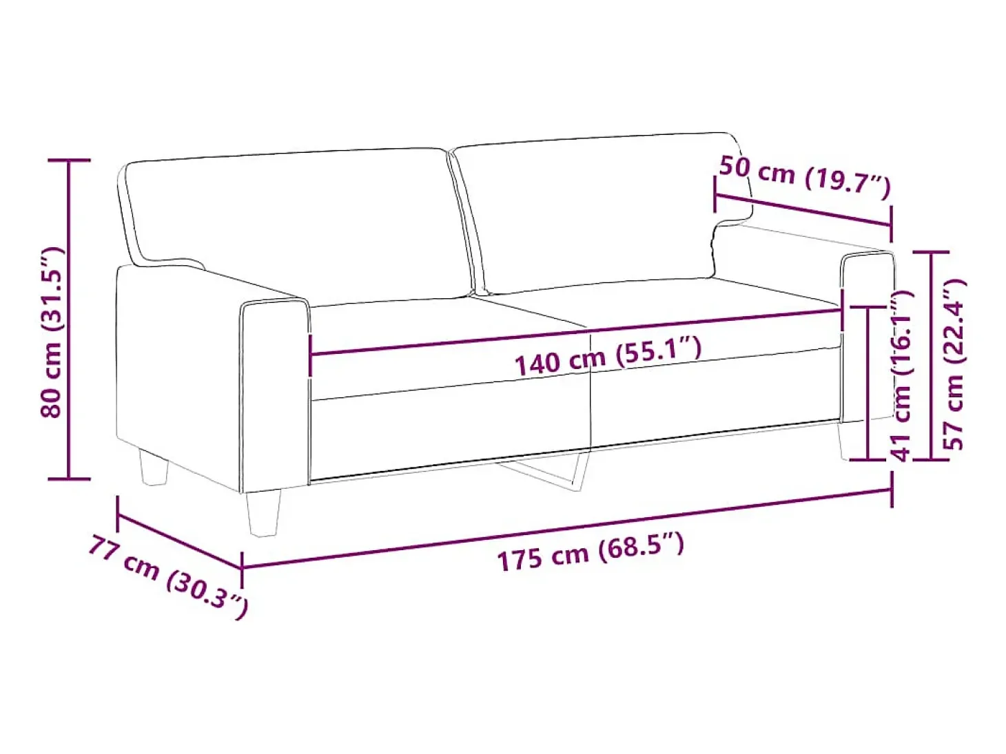 Sofá de 2 lugares 140 cm couro artificial cinza