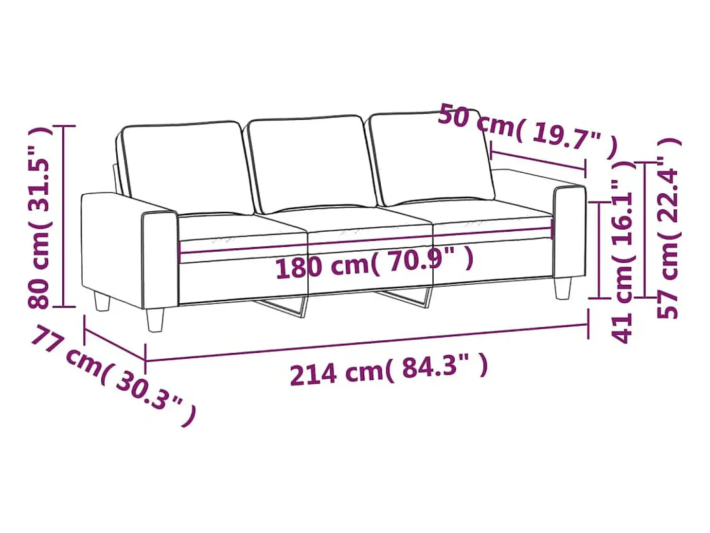 Sofá de 3 lugares 180 cm tecido cinza-claro