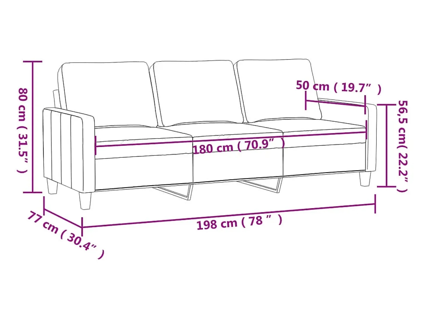 Sofá de 3 lugares 180 cm veludo rosa
