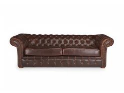 Sofá de 3 lugares 100% pele envelhecida Castanho estilo chesterfield - CLOTAIRE