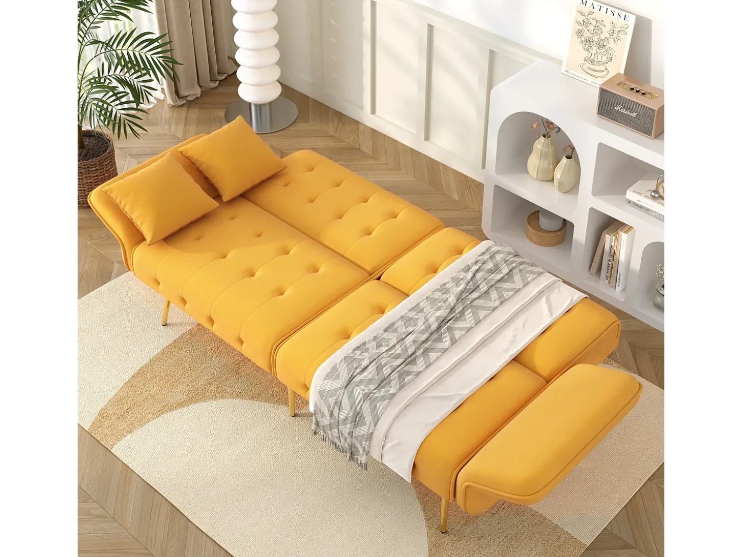 Sofá de 2 lugares - Sofá reto com encosto de 3 posições e braços de 6 posições - veludo amarelo - para sala de estar