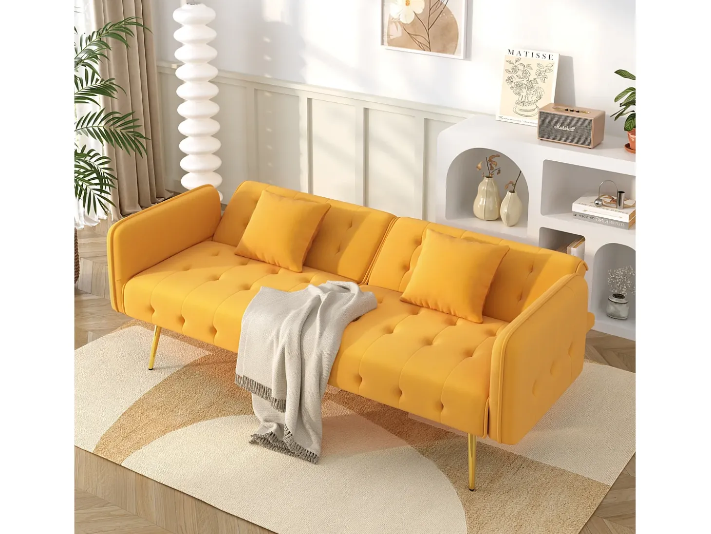 Sofá de 2 lugares - Sofá reto com encosto de 3 posições e braços de 6 posições - veludo amarelo - para sala de estar