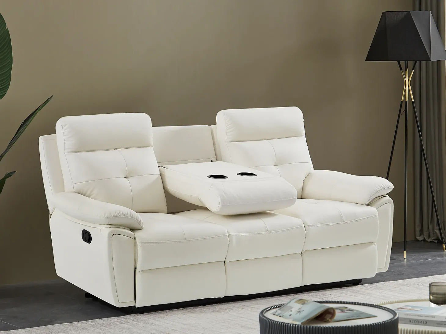 Sofá de 3 lugares articulado em pele branca estilo contemporâneo VINETA