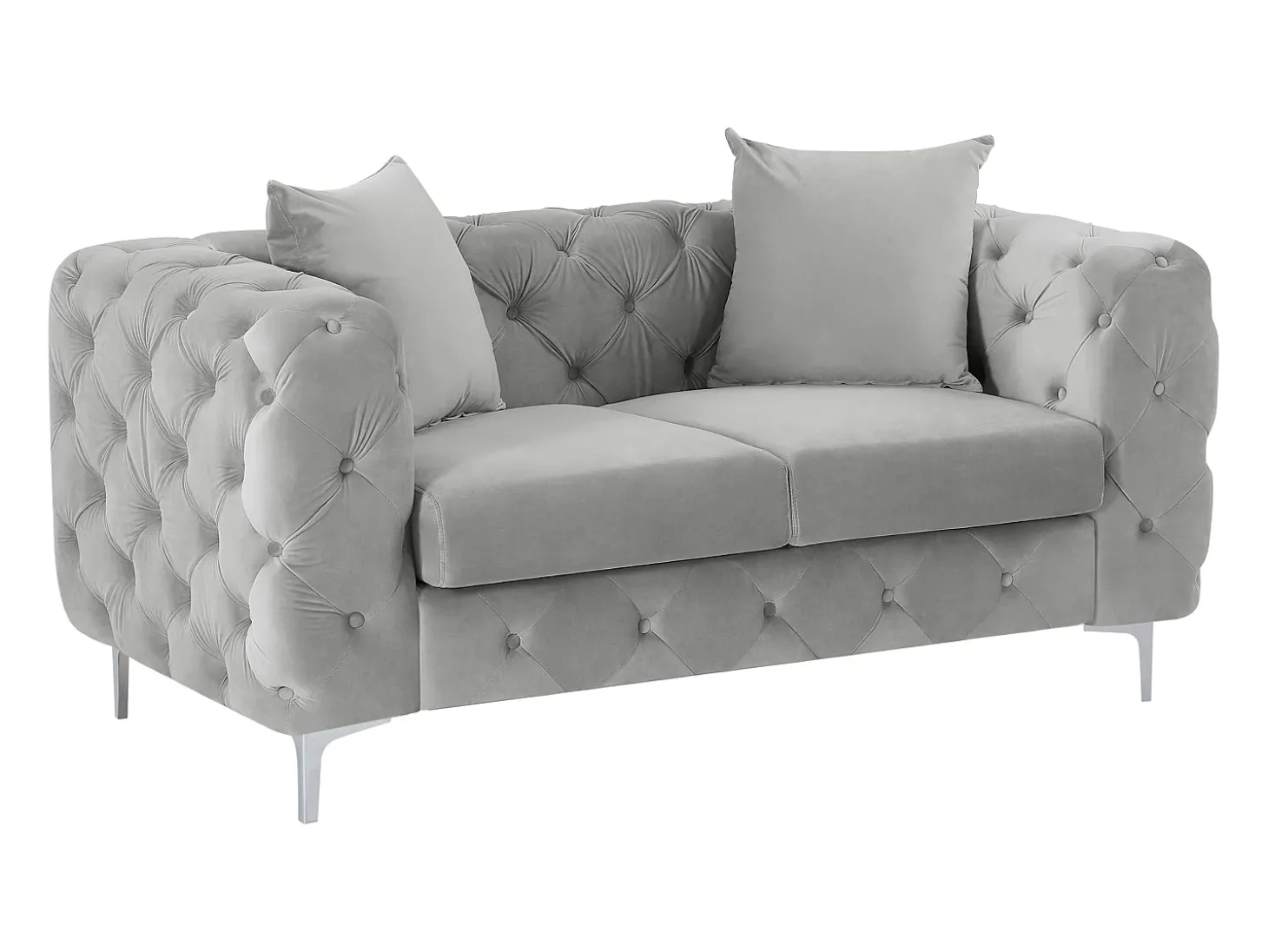 Sofá de 2 lugares chesterfield em veludo cinza-claro e pés em metal EDWINA