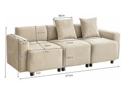 Sofá de 3 lugares com 2 almofadas - 211 x 67 x 71 cm - Tecido Chenille - Bege