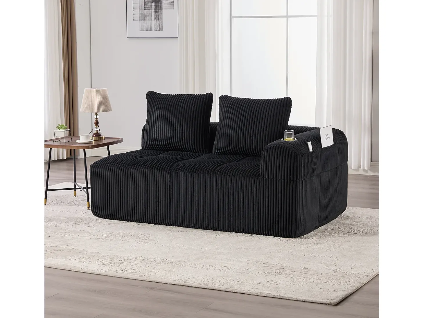 Sofá de 2 lugares com almofada e bolso lateral - Veludo Cotelê - Preto