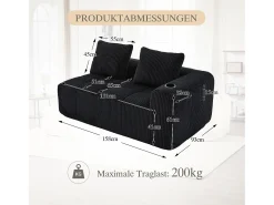 Sofá de 2 lugares com almofada e bolso lateral - Veludo Cotelê - Preto