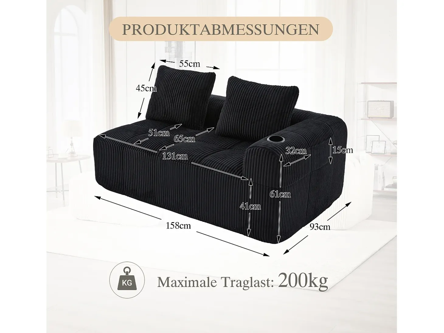Sofá de 2 lugares com almofada e bolso lateral - Veludo Cotelê - Preto