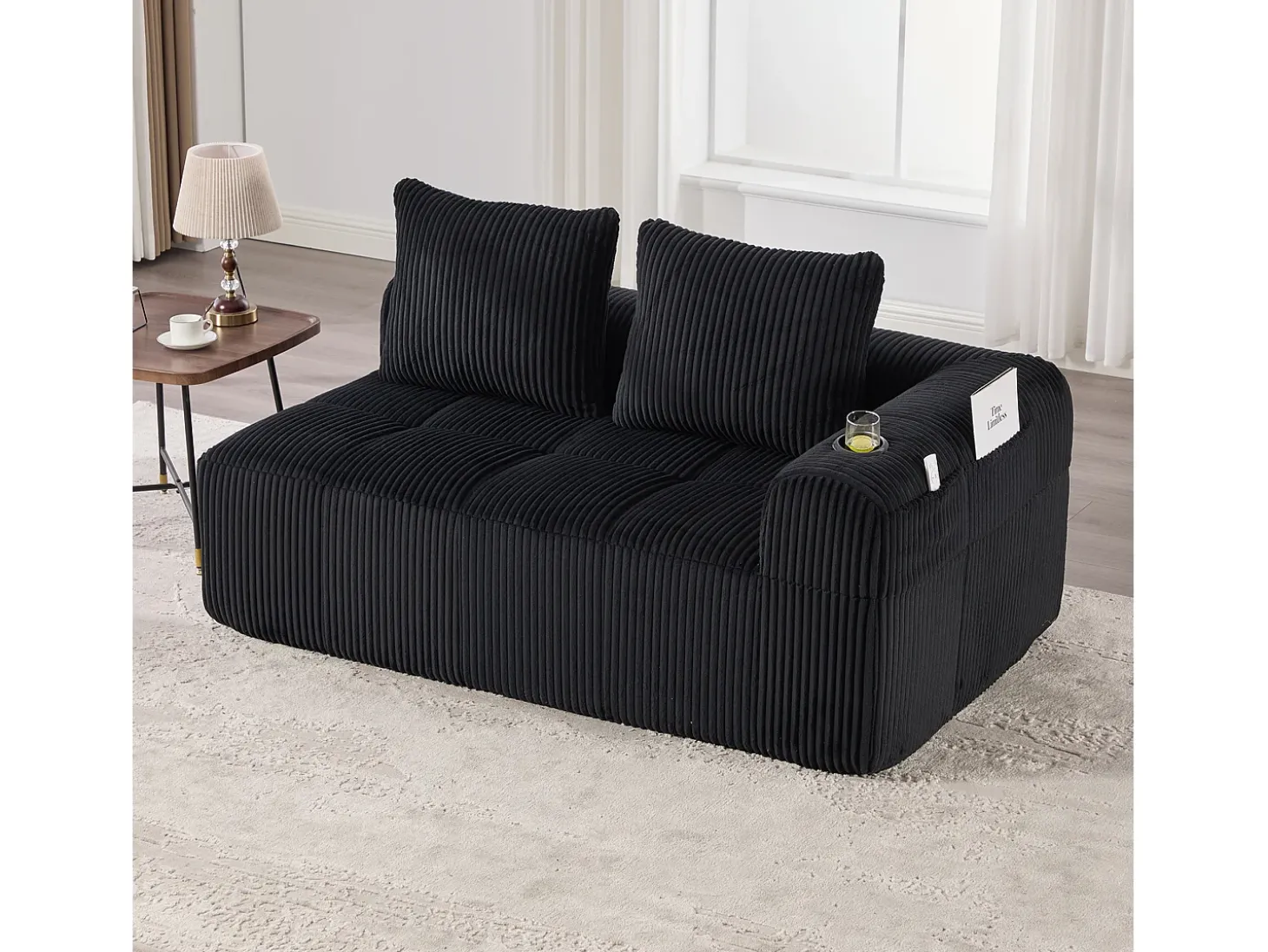 Sofá de 2 lugares com almofada e bolso lateral - Veludo Cotelê - Preto