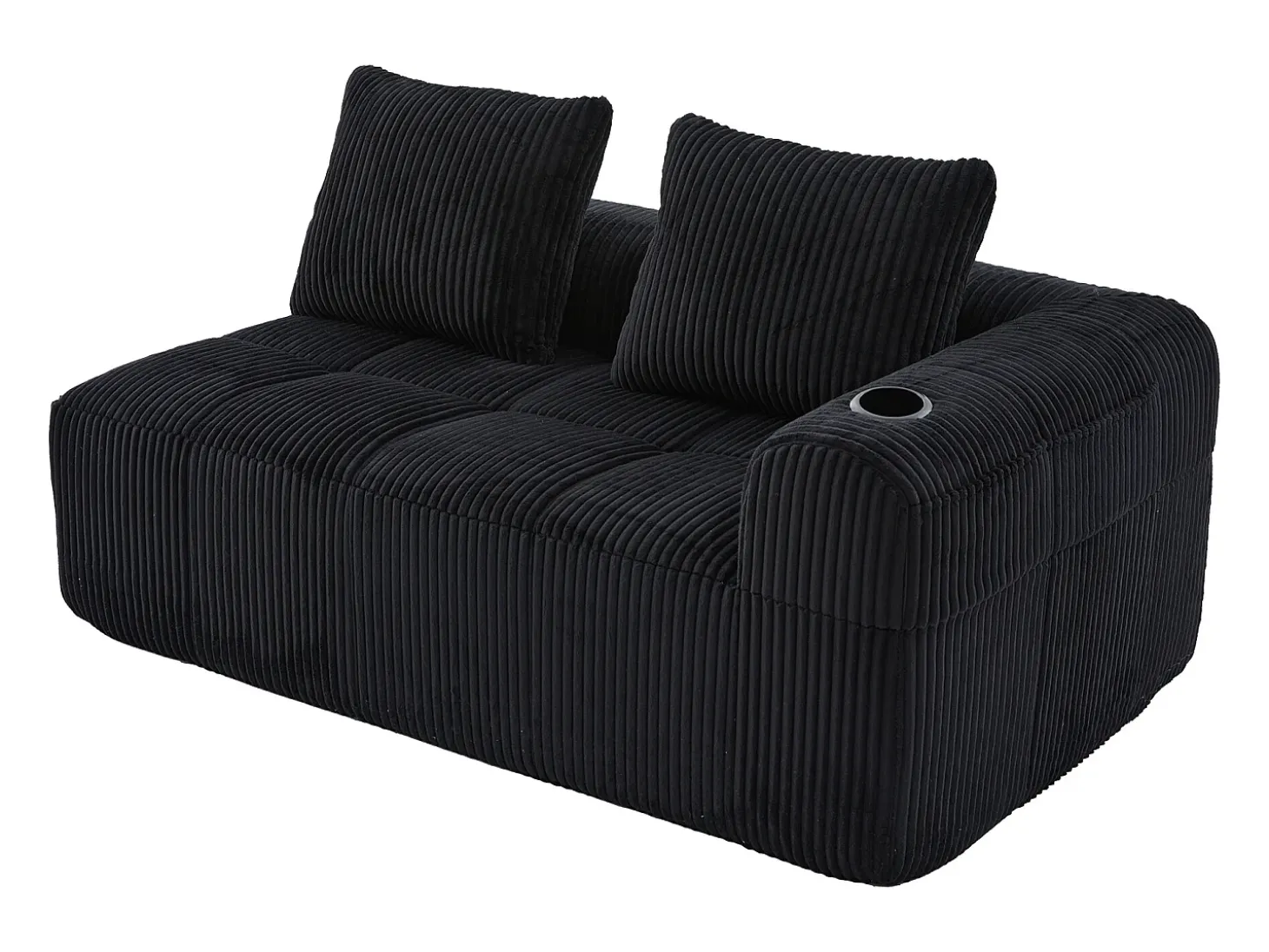 Sofá de 2 lugares com almofada e bolso lateral - Veludo Cotelê - Preto