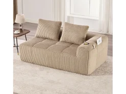 Sofá de 2 lugares com almofada e bolso lateral - Veludo cotelê - Cor caqui