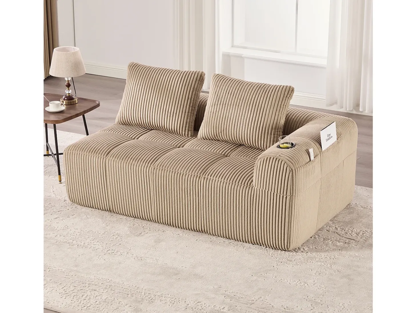 Sofá de 2 lugares com almofada e bolso lateral - Veludo cotelê - Cor caqui