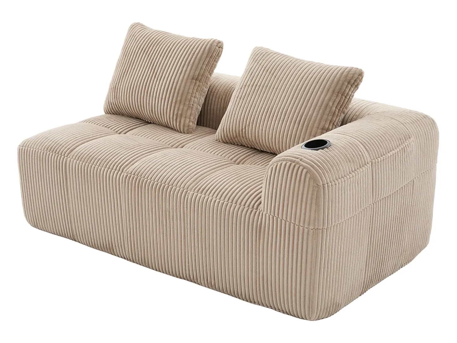 Sofá de 2 lugares com almofada e bolso lateral - Veludo cotelê - Cor caqui