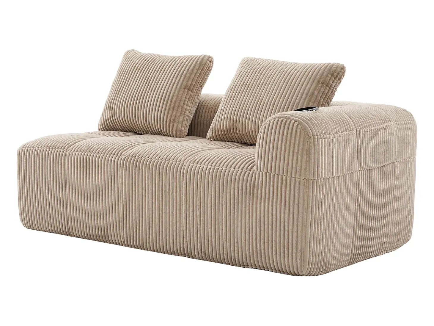 Sofá de 2 lugares com almofada e bolso lateral - Veludo cotelê - Cor caqui