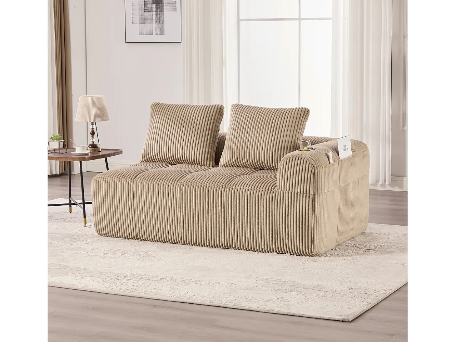 Sofá de 2 lugares com almofada e bolso lateral - Veludo cotelê - Cor caqui