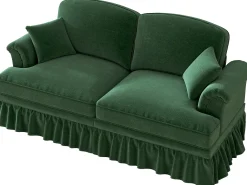 Sofá de 2 lugares com apoio lombar e saia plissada removível - Tecido chenille - Verde