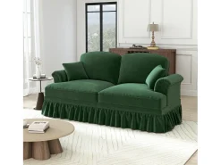 Sofá de 2 lugares com apoio lombar e saia plissada removível - Tecido chenille - Verde