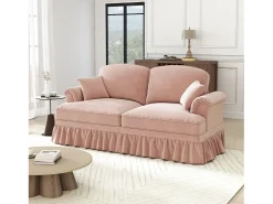 Sofá de 2 lugares com apoio lombar e saia plissada removível - Tecido chenille - Rosa