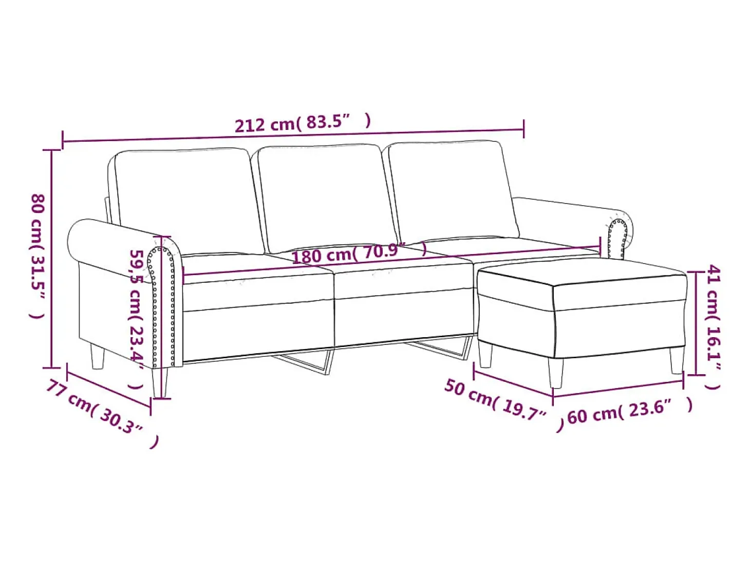 Sofá de 3 lugares com apoio de pés 180 cm veludo cor creme