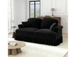 Sofá de 2 lugares com apoio lombar e saia plissada removível - Tecido chenille - Preto