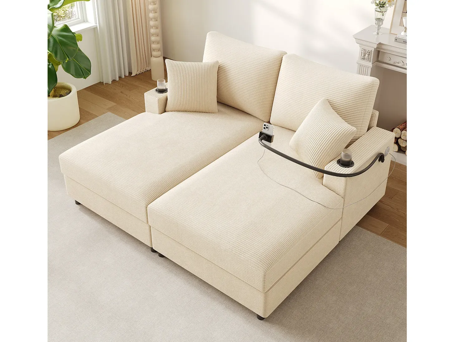 Sofá de 2 lugares com cama integrada - Entrada para telemóvel e porta USB - Veludo cotelê bege
