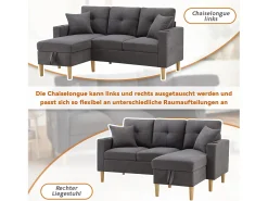 Sofá de 3 lugares com chaise longue - 175 x 129 x 90 cm - com arrumação + 2 almofadas - algodão + linho - cinza escuro