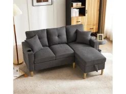 Sofá de 3 lugares com chaise longue - 175 x 129 x 90 cm - com arrumação + 2 almofadas - algodão + linho - cinza escuro