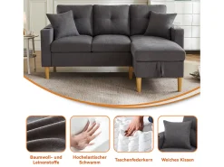 Sofá de 3 lugares com chaise longue - 175 x 129 x 90 cm - com arrumação + 2 almofadas - algodão + linho - cinza escuro