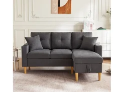 Sofá de 3 lugares com chaise longue - 175 x 129 x 90 cm - com arrumação + 2 almofadas - algodão + linho - cinza escuro