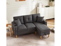 Sofá de 3 lugares com chaise longue - 175 x 129 x 90 cm - com arrumação + 2 almofadas - algodão + linho - cinza escuro