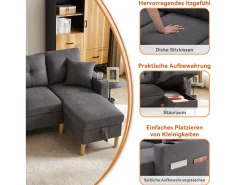 Sofá de 3 lugares com chaise longue - 175 x 129 x 90 cm - com arrumação + 2 almofadas - algodão + linho - cinza escuro