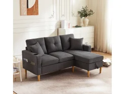 Sofá de 3 lugares com chaise longue - 175 x 129 x 90 cm - com arrumação + 2 almofadas - algodão + linho - cinza escuro
