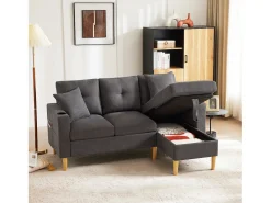 Sofá de 3 lugares com chaise longue - 175 x 129 x 90 cm - com arrumação + 2 almofadas - algodão + linho - cinza escuro
