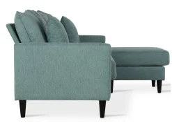 Sofá de 3 lugares com chaise longue em tecido azul-verde com aspeto de linho