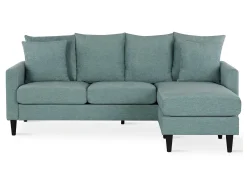 Sofá de 3 lugares com chaise longue em tecido azul-verde com aspeto de linho