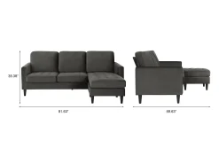 Sofá de 3 lugares com chaise longue em veludo cinzento