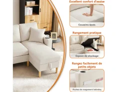 Sofá de 3 lugares com chaise longue - 175 x 129 x 90 cm - com arrumação + 2 almofadas - algodão + linho - bege