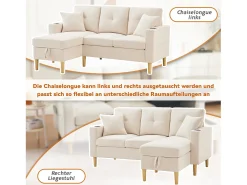 Sofá de 3 lugares com chaise longue - 175 x 129 x 90 cm - com arrumação + 2 almofadas - algodão + linho - bege