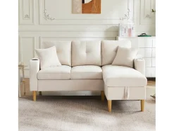 Sofá de 3 lugares com chaise longue - 175 x 129 x 90 cm - com arrumação + 2 almofadas - algodão + linho - bege