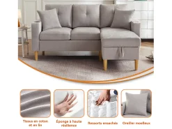 Sofá de 3 lugares com chaise longue - 175 x 129 x 90 cm - com arrumação + 2 almofadas - algodão + linho - cinza claro