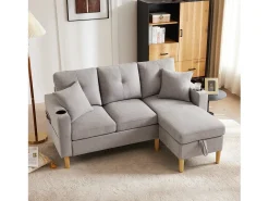 Sofá de 3 lugares com chaise longue - 175 x 129 x 90 cm - com arrumação + 2 almofadas - algodão + linho - cinza claro