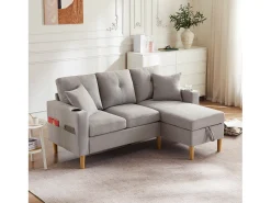 Sofá de 3 lugares com chaise longue - 175 x 129 x 90 cm - com arrumação + 2 almofadas - algodão + linho - cinza claro